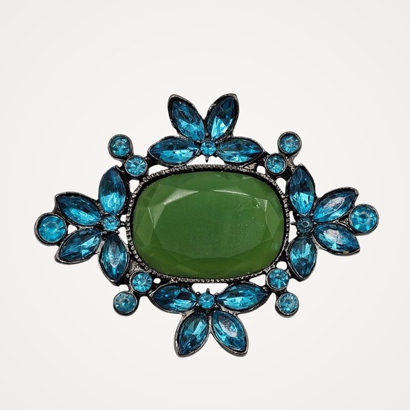 Unbranded Jewelry - Green Blue Rhinestone Brooch Floral Statement Pin Gunmetal Tone 2"